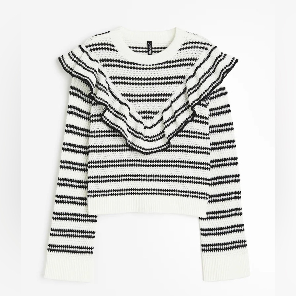 H&M Ruffle Trim Textured Black and White Striped Knit Sweater